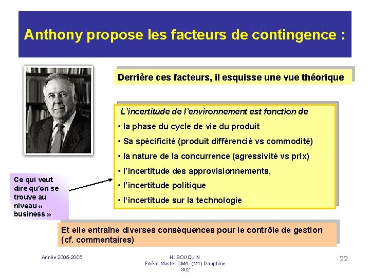 Anthony propose les facteurs de contingence : Derrière ces facteurs, il esquisse une vue