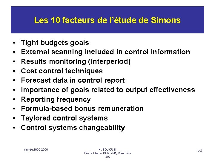 Les 10 facteurs de l’étude de Simons • • • Tight budgets goals External