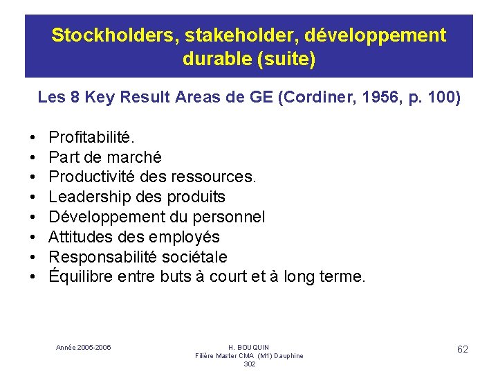 Stockholders, stakeholder, développement durable (suite) Les 8 Key Result Areas de GE (Cordiner, 1956,
