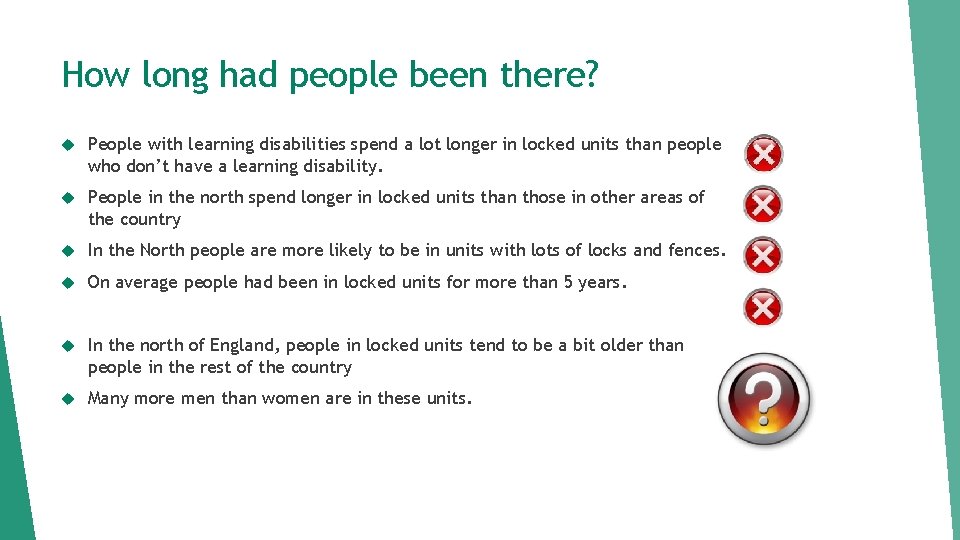 How long had people been there? People with learning disabilities spend a lot longer