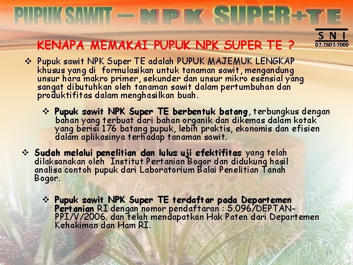 KENAPA MEMAKAI PUPUK NPK SUPER TE ? S N I 02 -2803 -2000 v