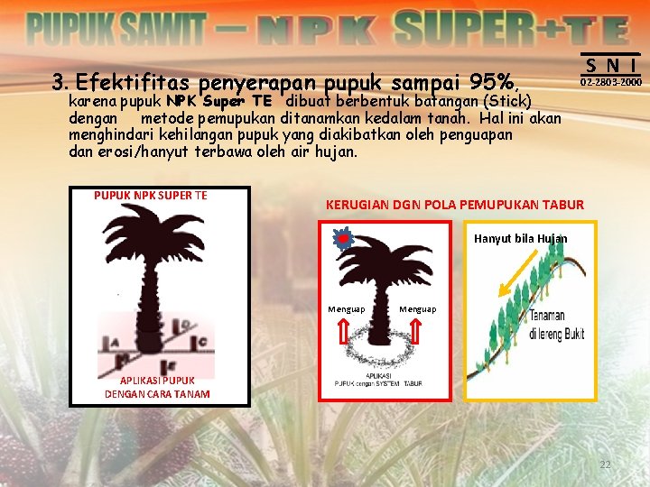 3. Efektifitas penyerapan pupuk sampai 95%, S N I 02 -2803 -2000 karena pupuk