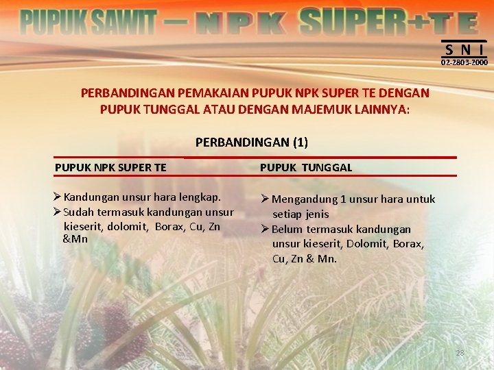 S N I 02 -2803 -2000 PERBANDINGAN PEMAKAIAN PUPUK NPK SUPER TE DENGAN PUPUK