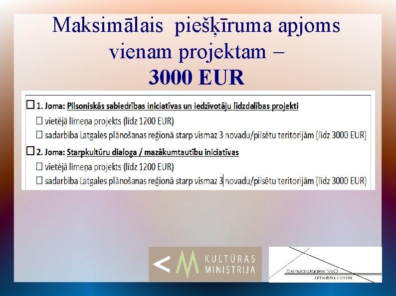 Maksimālais piešķīruma apjoms vienam projektam – 3000 EUR 