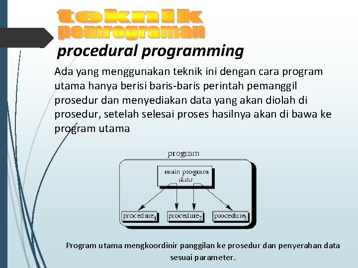 procedural programming Ada yang menggunakan teknik ini dengan cara program utama hanya berisi baris-baris procedural programming Ada yang menggunakan teknik ini dengan cara program utama hanya berisi baris-baris