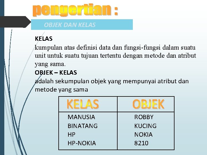 OBJEK DAN KELAS kumpulan atas definisi data dan fungsi-fungsi dalam suatu unit untuk suatu OBJEK DAN KELAS kumpulan atas definisi data dan fungsi-fungsi dalam suatu unit untuk suatu