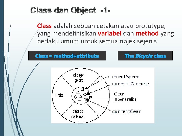 Class adalah sebuah cetakan atau prototype, yang mendefinisikan variabel dan method yang berlaku umum Class adalah sebuah cetakan atau prototype, yang mendefinisikan variabel dan method yang berlaku umum