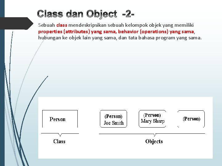 Sebuah class mendeskripsikan sebuah kelompok objek yang memiliki properties (attributes) yang sama, behavior (operations) Sebuah class mendeskripsikan sebuah kelompok objek yang memiliki properties (attributes) yang sama, behavior (operations)