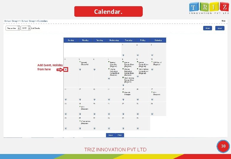 Calendar. TRIZ INNOVATION PVT LTD 30 