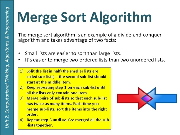 Unit 2: Computational Thinking, Algorithms & Programming Merge Sort Algorithm The merge sort algorithm