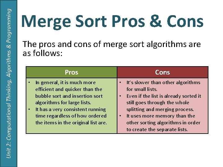 Unit 2: Computational Thinking, Algorithms & Programming Merge Sort Pros & Cons The pros