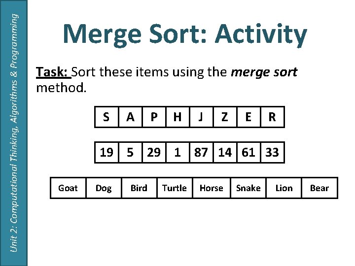 Unit 2: Computational Thinking, Algorithms & Programming Merge Sort: Activity Task: Sort these items