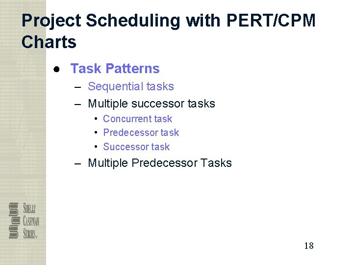 Project Scheduling with PERT/CPM Charts ● Task Patterns – Sequential tasks – Multiple successor