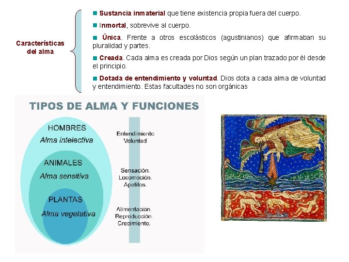 Sustancia inmaterial que tiene existencia propia fuera del cuerpo. Inmortal, sobrevive al cuerpo. Características