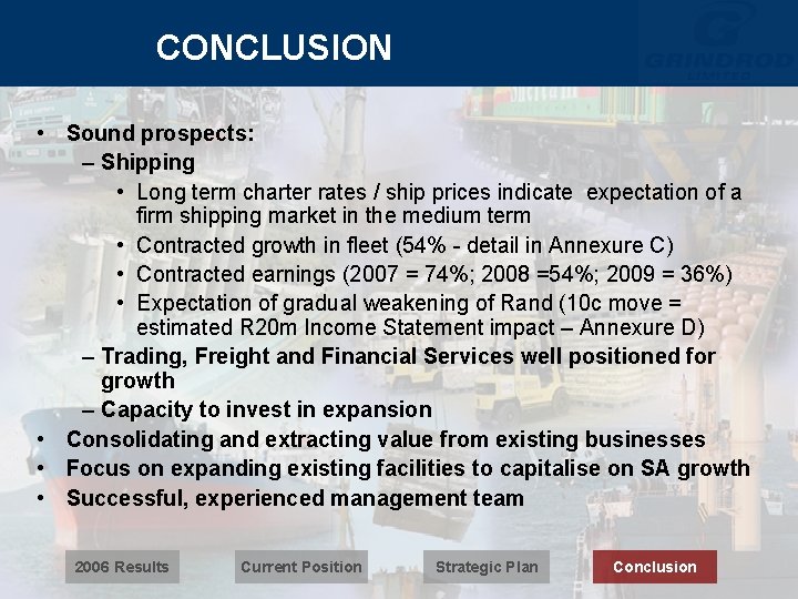 CONCLUSION • Sound prospects: – Shipping • Long term charter rates / ship prices