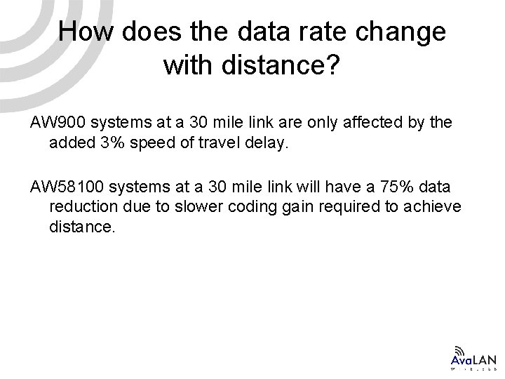 How does the data rate change with distance? AW 900 systems at a 30