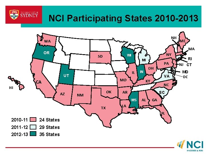 NCI Participating States 2010 -2013 NH WA MA OR MI IL MO CA AZ