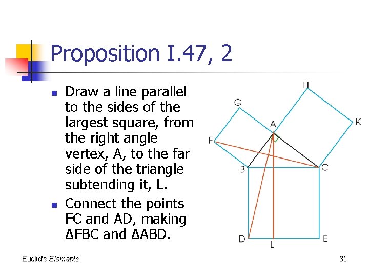 Proposition I. 47, 2 n n Draw a line parallel to the sides of