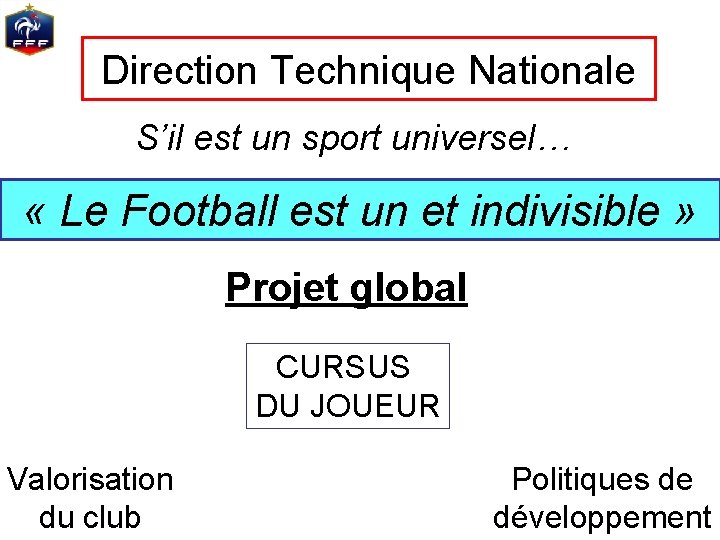 Direction Technique Nationale S’il est un sport universel… « Le Football est un et