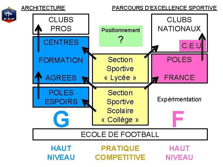 ARCHITECTURE PARCOURS D’EXCELLENCE SPORTIVE CLUBS PROS Positionnement CENTRES ? FORMATION AGREES Section Sportive «