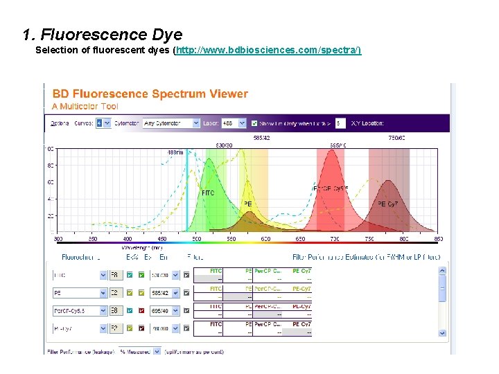 1. Fluorescence Dye Selection of fluorescent dyes (http: //www. bdbiosciences. com/spectra/) 