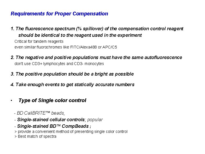 Requirements for Proper Compensation 1. The fluorescence spectrum (% spillover) of the compensation control