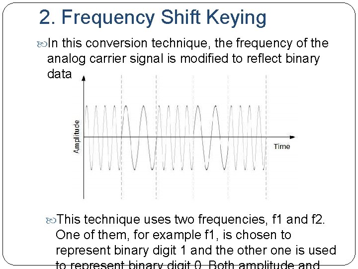 2. Frequency Shift Keying In this conversion technique, the frequency of the analog carrier