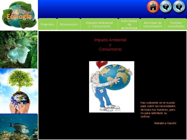 Ecología Propósito Introducción Impacto Ambiental y Consumismo Actividades de aprendizaje Actividad de consolidación Fuentes