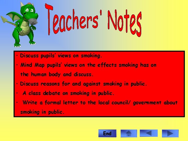  • Discuss pupils’ views on smoking. • Mind Map pupils’ views on the