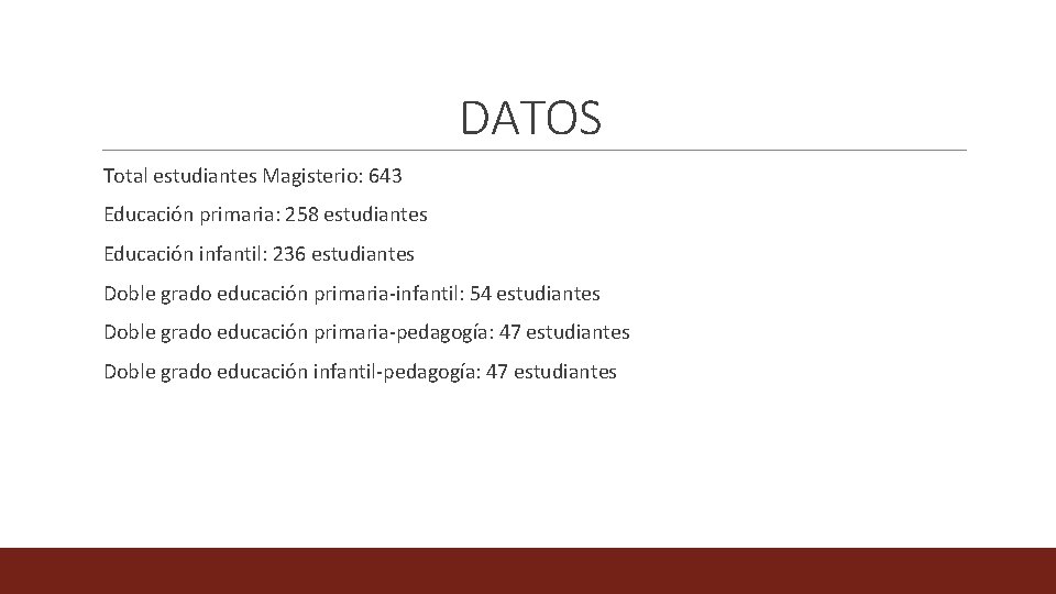 DATOS Total estudiantes Magisterio: 643 Educación primaria: 258 estudiantes Educación infantil: 236 estudiantes Doble