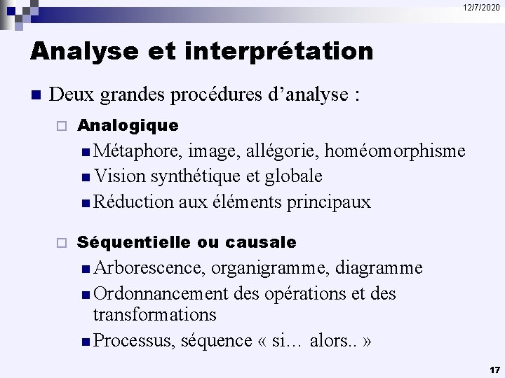 12/7/2020 Analyse et interprétation n Deux grandes procédures d’analyse : ¨ Analogique n Métaphore,