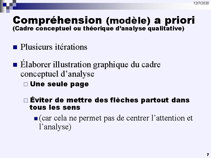 12/7/2020 Compréhension (modèle) a priori (Cadre conceptuel ou théorique d’analyse qualitative) n Plusieurs itérations