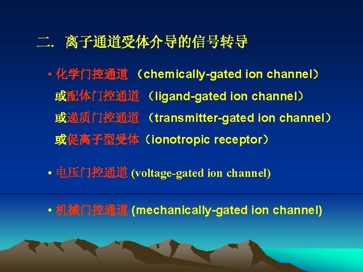 二. 离子通道受体介导的信号转导 • 化学门控通道 （chemically-gated ion channel） 或配体门控通道 （ligand-gated ion channel） 或递质门控通道 （transmitter-gated ion