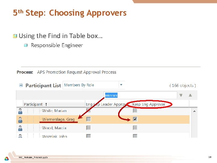 5 th Step: Choosing Approvers Using the Find in Table box… Responsible Engineer WC_Release_Process.