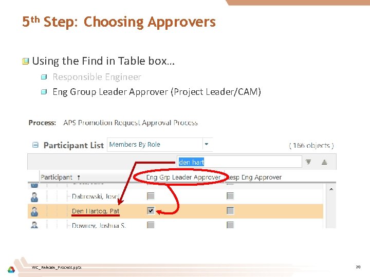 5 th Step: Choosing Approvers Using the Find in Table box… Responsible Engineer Eng