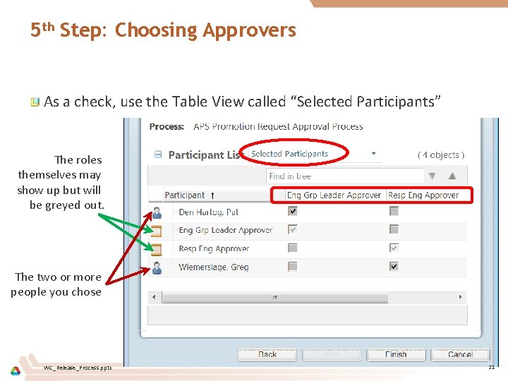 5 th Step: Choosing Approvers As a check, use the Table View called “Selected