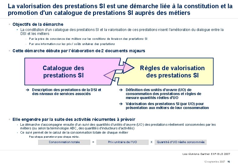 La valorisation des prestations SI est une démarche liée à la constitution et la