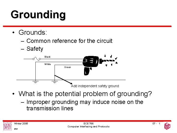 Grounding • Grounds: – Common reference for the circuit – Safety Black White Green