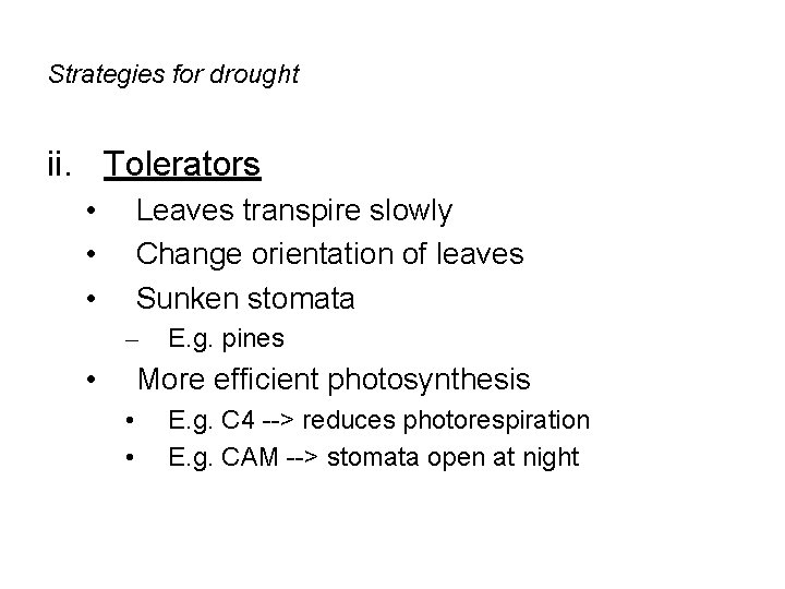 Strategies for drought ii. Tolerators • • • Leaves transpire slowly Change orientation of