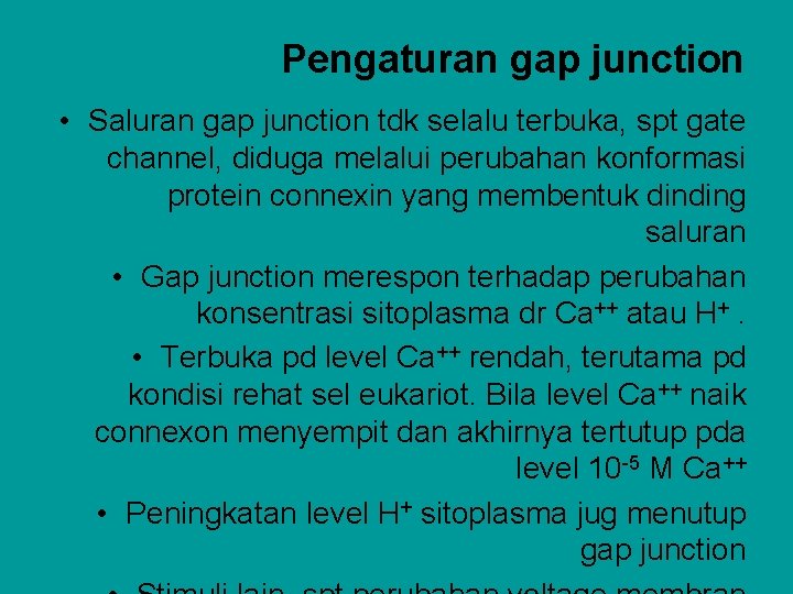 Pengaturan gap junction • Saluran gap junction tdk selalu terbuka, spt gate channel, diduga