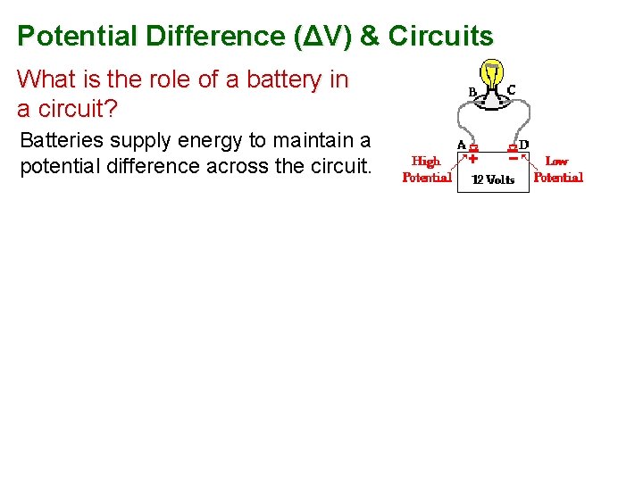 Potential Difference (ΔV) & Circuits What is the role of a battery in a