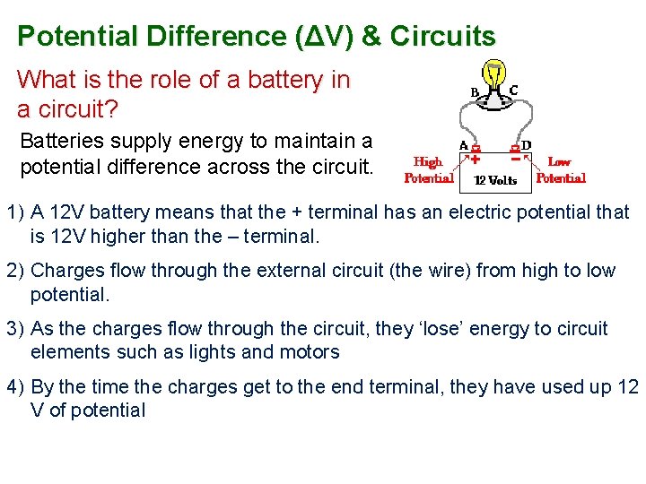 Potential Difference (ΔV) & Circuits What is the role of a battery in a