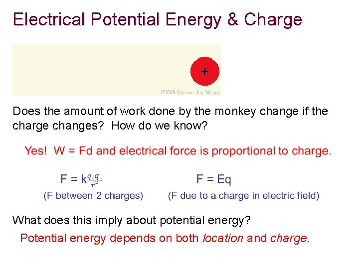 Electrical Potential Energy & Charge Does the amount of work done by the monkey