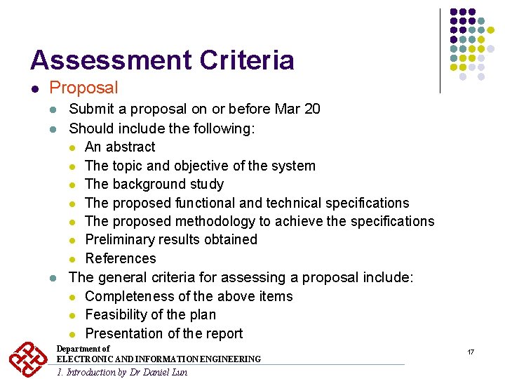 Assessment Criteria l Proposal l Submit a proposal on or before Mar 20 Should Assessment Criteria l Proposal l Submit a proposal on or before Mar 20 Should