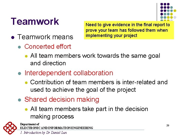 Teamwork l Teamwork means Need to give evidence in the final report to prove Teamwork l Teamwork means Need to give evidence in the final report to prove