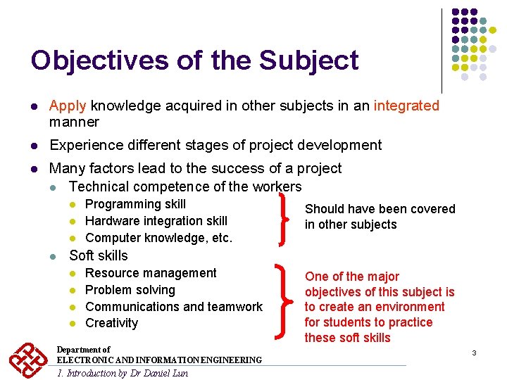 Objectives of the Subject l Apply knowledge acquired in other subjects in an integrated Objectives of the Subject l Apply knowledge acquired in other subjects in an integrated