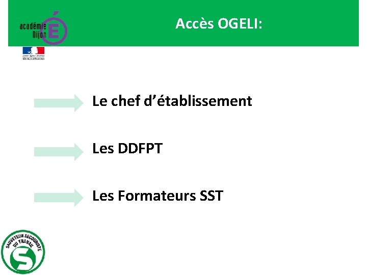 Accès OGELI: Le chef d’établissement Les DDFPT Les Formateurs SST 