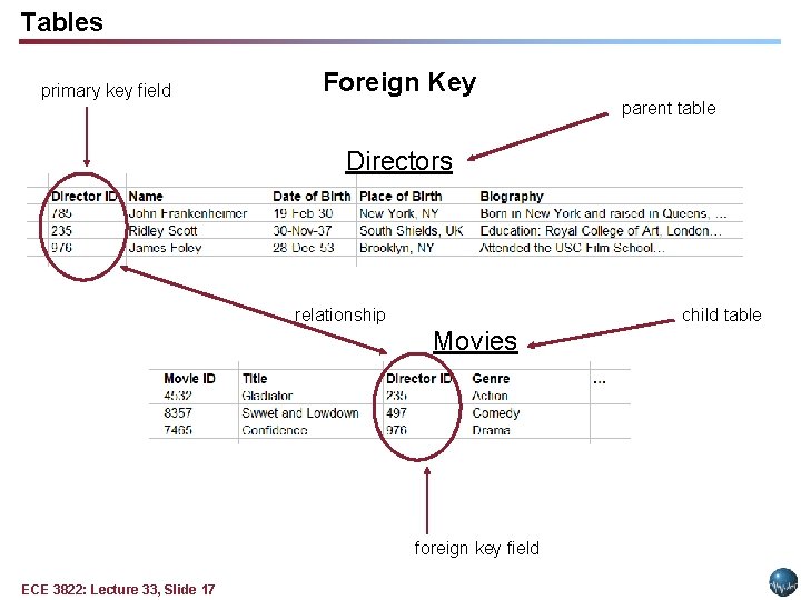 Tables primary key field Foreign Key parent table Directors relationship child table Movies foreign Tables primary key field Foreign Key parent table Directors relationship child table Movies foreign