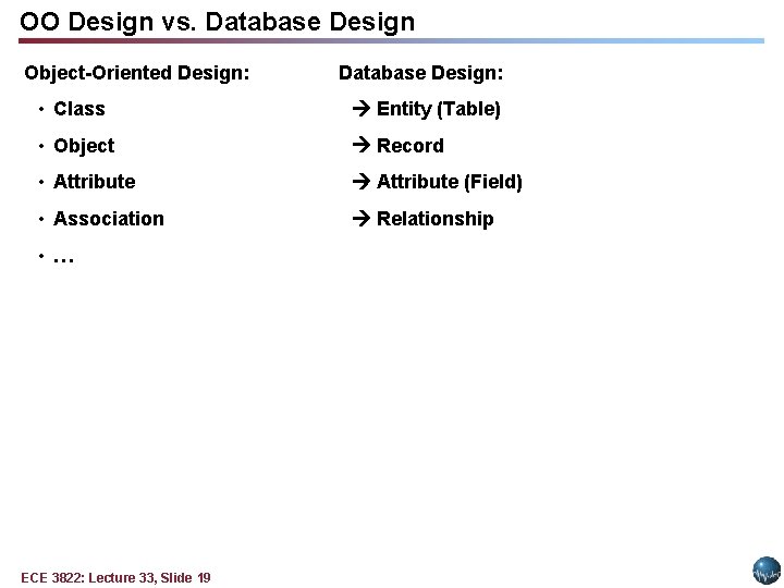 OO Design vs. Database Design Object-Oriented Design: Database Design: • Class Entity (Table) • OO Design vs. Database Design Object-Oriented Design: Database Design: • Class Entity (Table) •