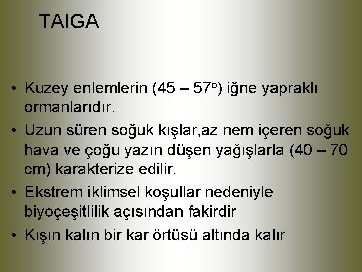 TAIGA • Kuzey enlemlerin (45 – 57 o) iğne yapraklı ormanlarıdır. • Uzun süren